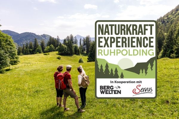 Eine Gruppe steht auf einer Alm und schauen in die Berge.
