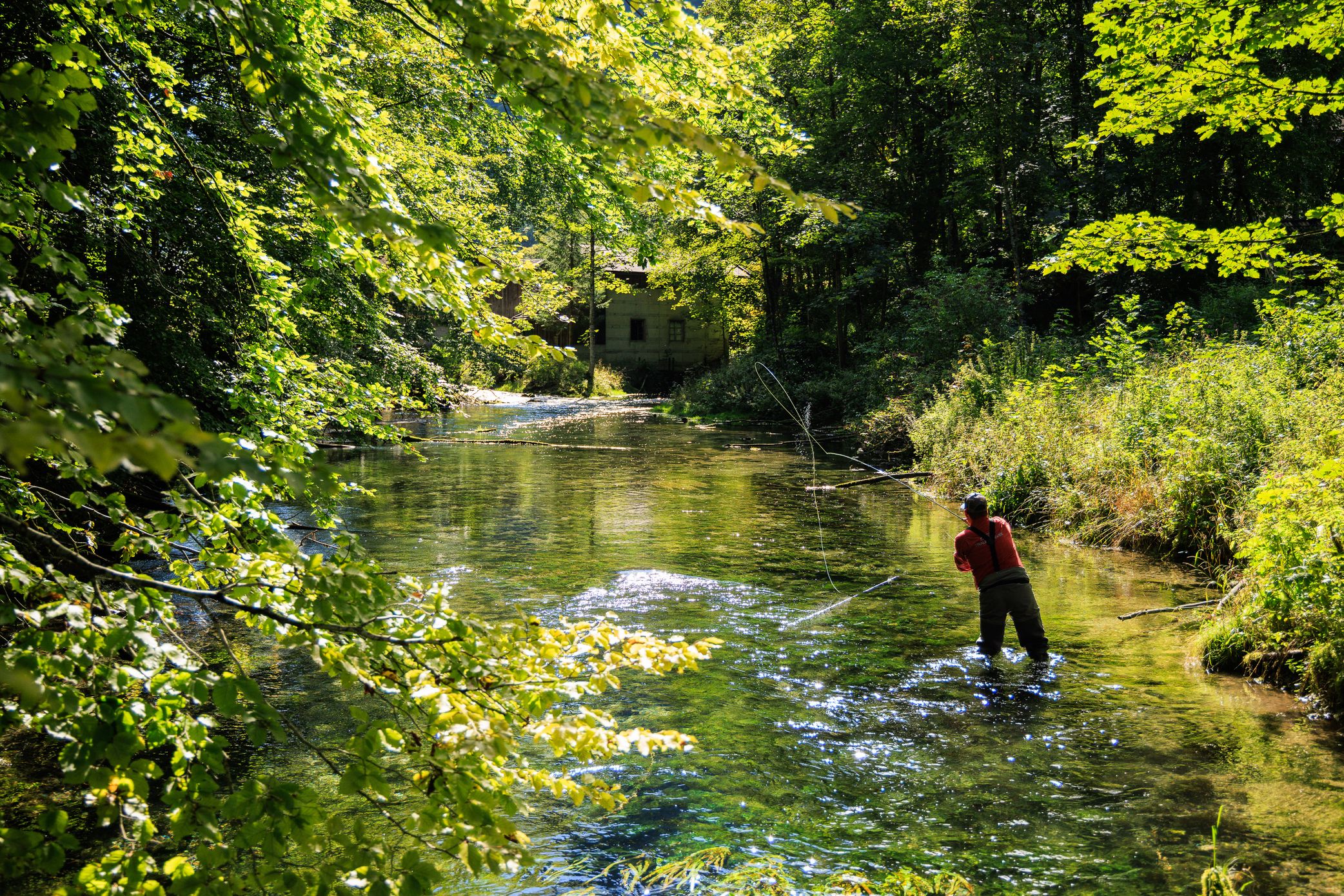 Fliegenfischen im Bachlauf in Ruhpolding